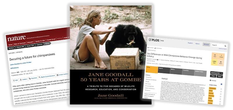 Examples of scholarly writing/research: A journal article from Nature, a book by Jane Goodall, and a scholarly journal article from PLOS One.