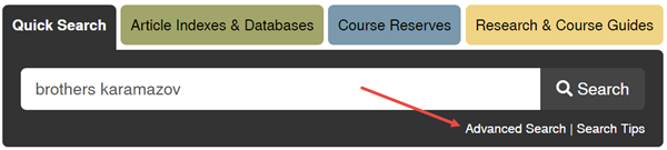 The library’s Quick Search interface with tabs across the top for finding databases, course reserves, and research and course guides. Beneath the Quick Search open text box is an arrow pointing at the Advanced Search link.