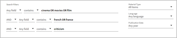 Using nested search in Quick Search where the first line shows “Any field contains cinemo OR movies Or film.” The second line is “AND Any field contains french OR france” and the third line is “AND Any field contains criticism.”