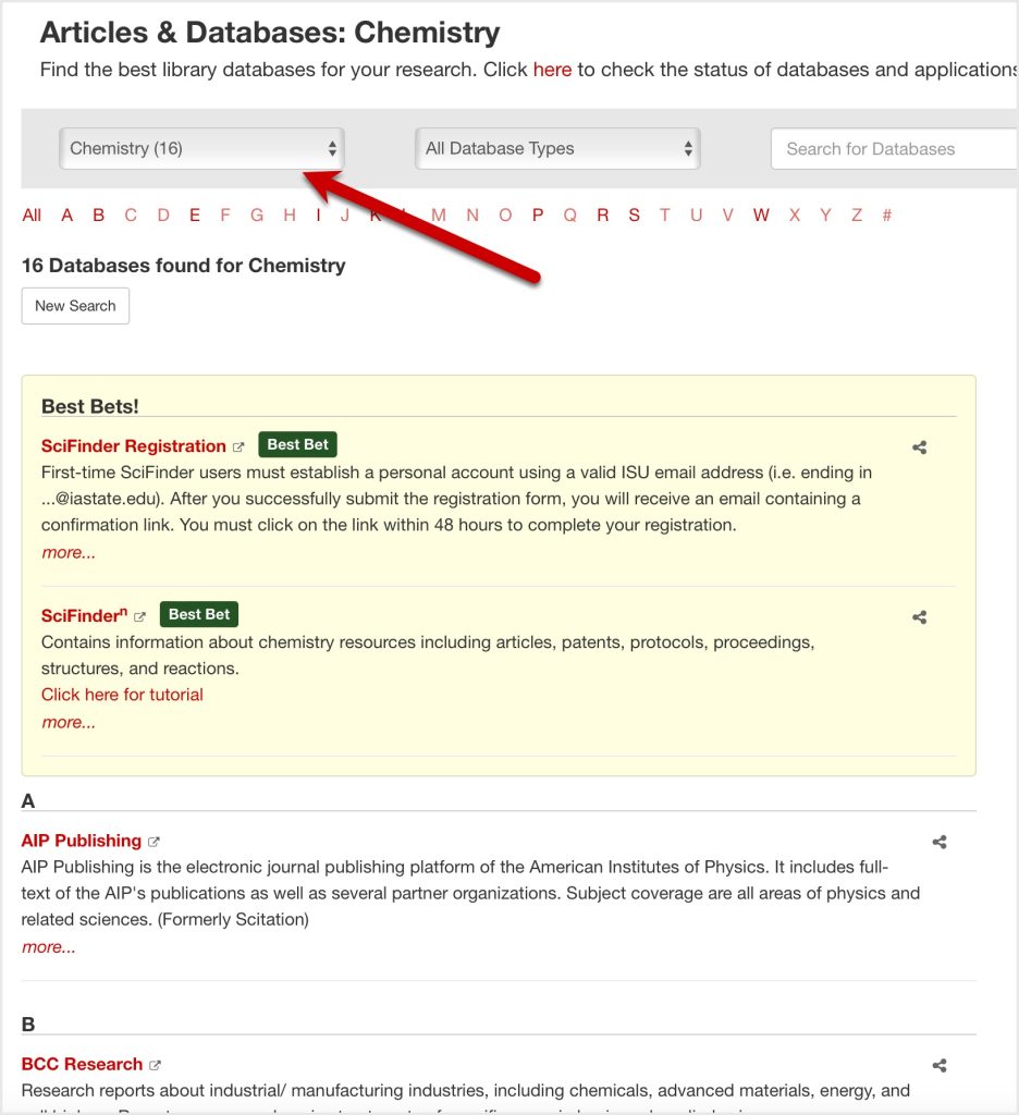 Articles and Databases page. A drop down menu is at the top of the page, set to Chemistry. A “Best Bets” section is at the top of the databases list.