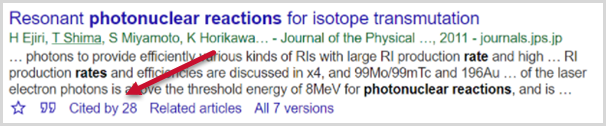 Example of a Google Scholar result, Resonant photonuclear reactions for isotope transmutation. Beneath some basic resource information it says Cited by 28. An arrow points at the Cited by part.