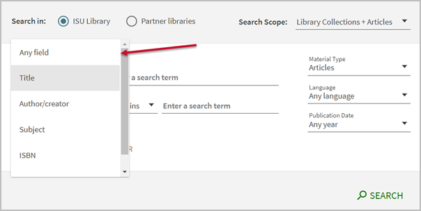 Field searching menu in Quick Search where the Any field menu is opened to display additional options like: title, author/creator, subject, isbn.