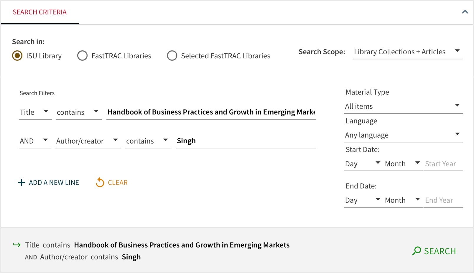 First row. Title. Contains. Handbook of Business Practices and Growth in Emerging Markets. Second row. AND. Author/creator. Contains. Singh