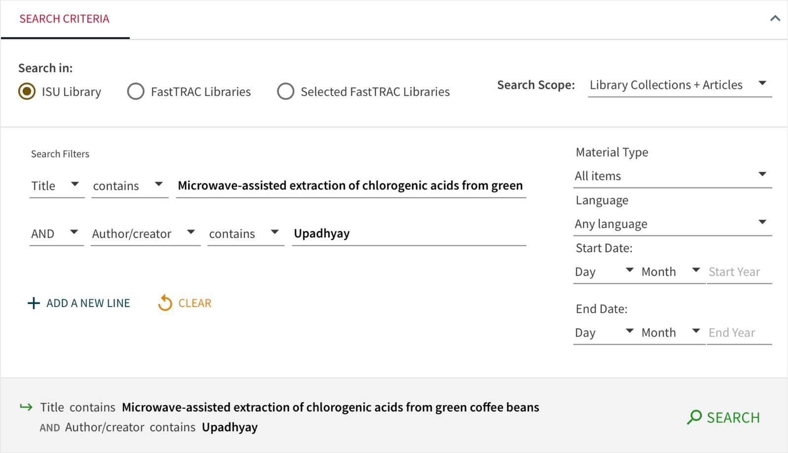 First row. Title. Contains. Microwave-assisted extraction of chlorogenic acids from green coffee.