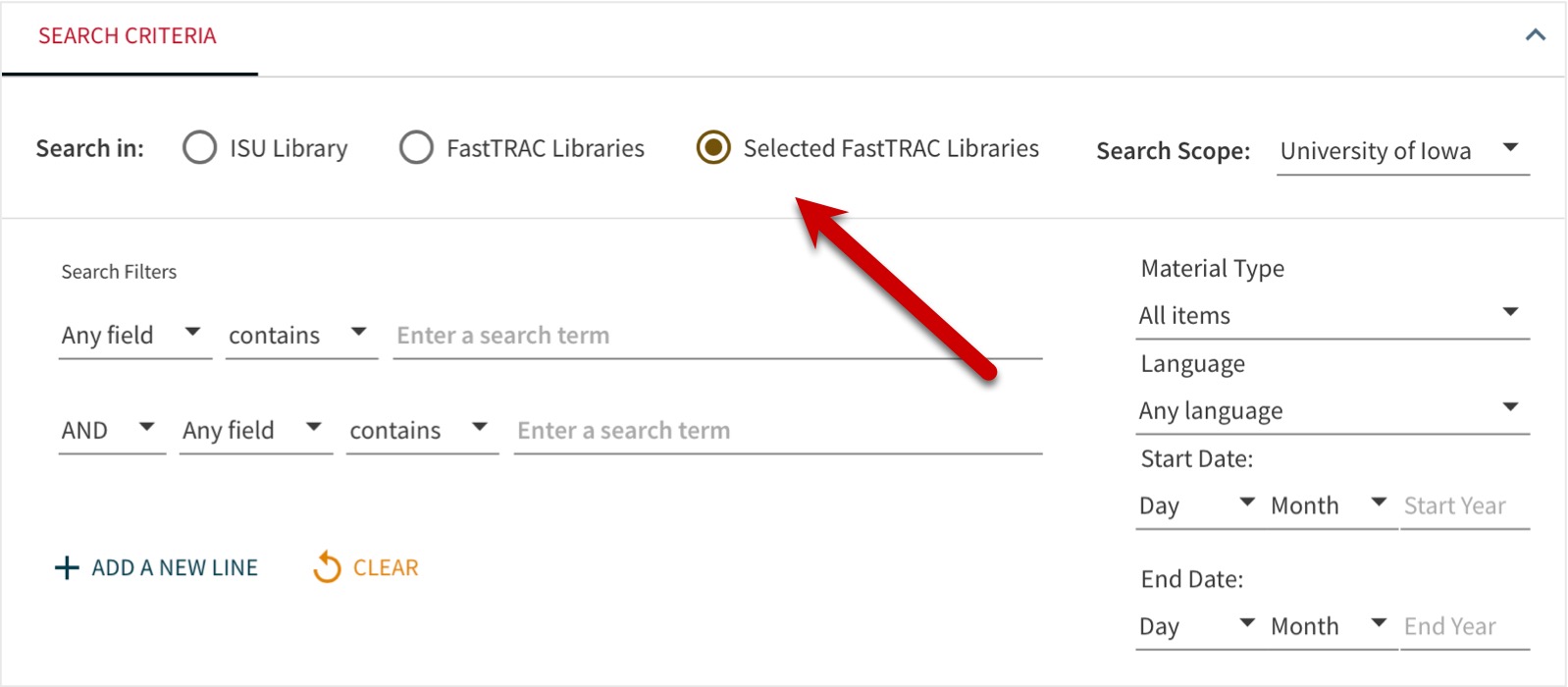 Quick Search’s advanced search interface. At the top are 3 radio buttons. The linestarts with “Search in:” with choices of the ISU Library or FastTRAC or Selected Partner Libraries. Selected Partner Libraries is chosen and the Search Scope option displays University of Iowa.