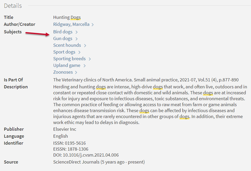 Detailed record for an item that shows several fields and a description/abstract. An arrow points to seven terms listed in the Subjects field