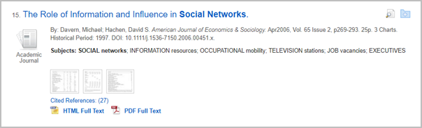 Short version of an item record from a database. It shows it is from an academic journal and provides the title, authors, title, year, volume, issue, pages, article length, and subjects. Beneath this information are links to the HTML full text and the PDF full text.