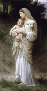 Painting of a woman holding a baby and a lamb, all symbols of innocence