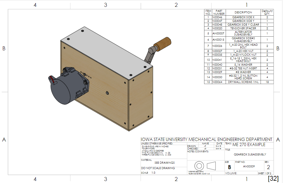 A fully assembled gearbox engineering drawing with BOM and title block.