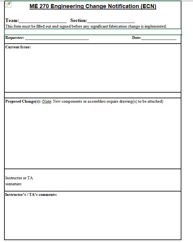 A form with a header and sections for team name, requester, current issue, proposed changes, and instructor or TA's signature or comments.