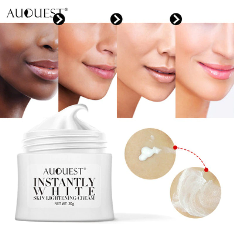 An advertisement for AuQuest Instantly White face lightening cream, showing a set of women from Black to tan to white across and a container of a thick white cream.