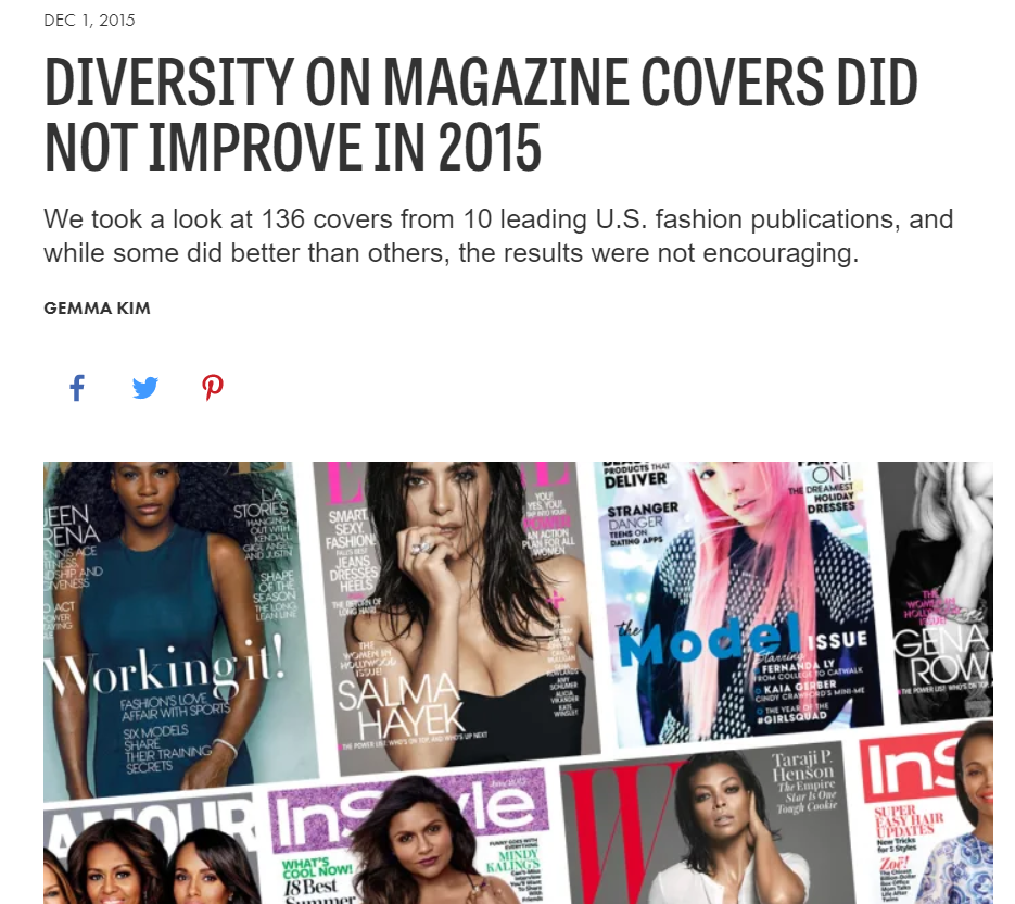 Screenshot of news article: Diversity on magazine covers did not improve in 2015. Collage of fashion magazine covers with white, asian, and black women on the covers.