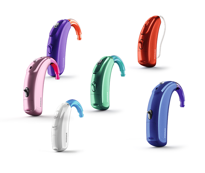 Colorful metallic hearing aids in purple, pink, green, blue, and red.