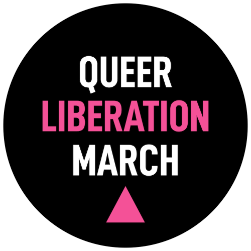 Black circle with the phrase "queer liberation march" and a pink triangle