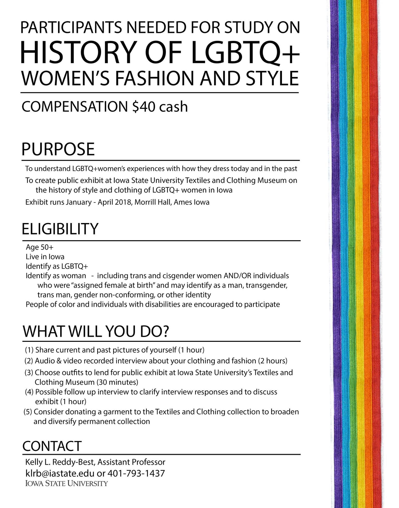 Flyer for participant recruitment "for study on history of LGBTQ+ women's fashion and style"