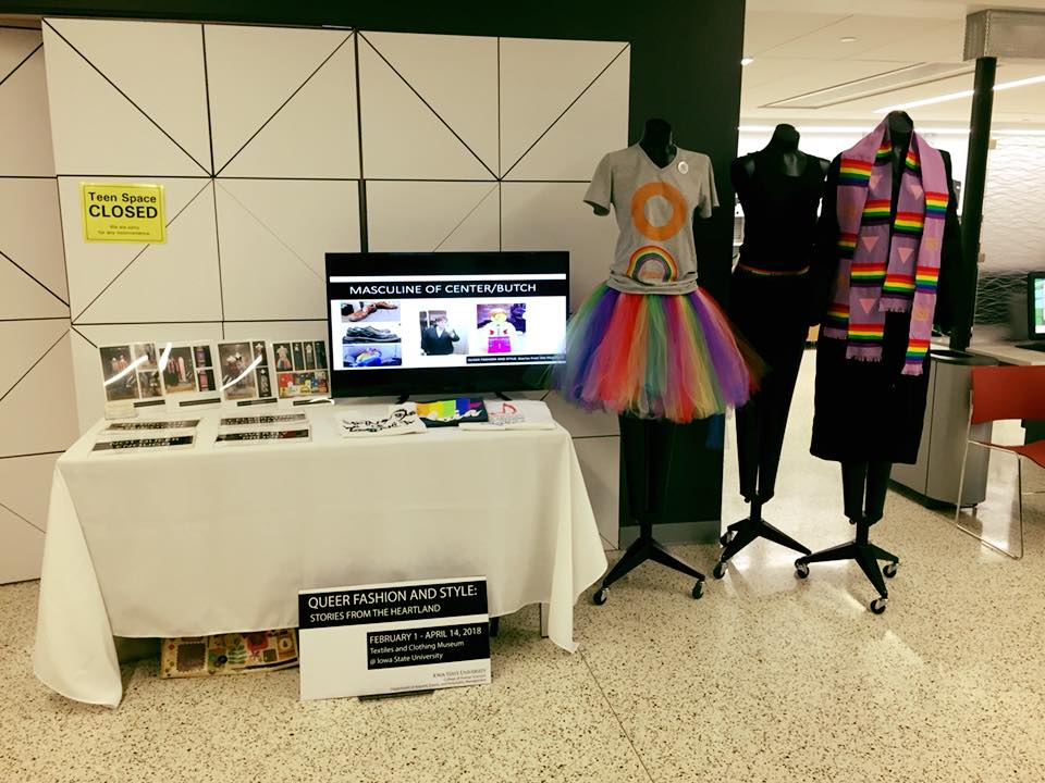 Pop-up exhibition of Queer Fashion and Style: Stories from the Heartland during the All-Ages Drag Show at the Ames Public Library in 2019.