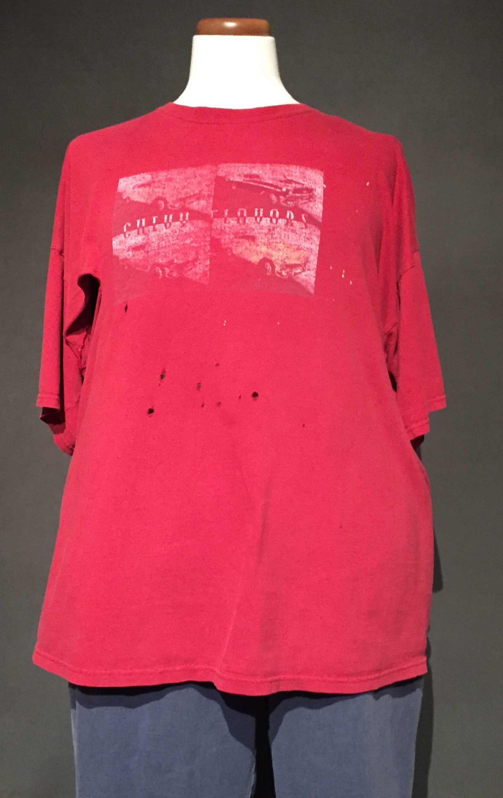 Red t-shirt with photos of cars, text reads: "Chevy Flavors"