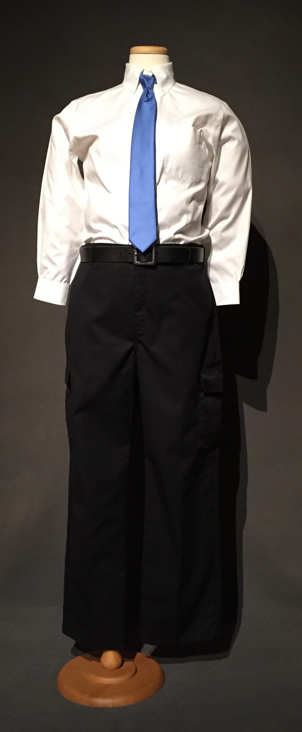 White button down, blue tie, blue dress cargo pant