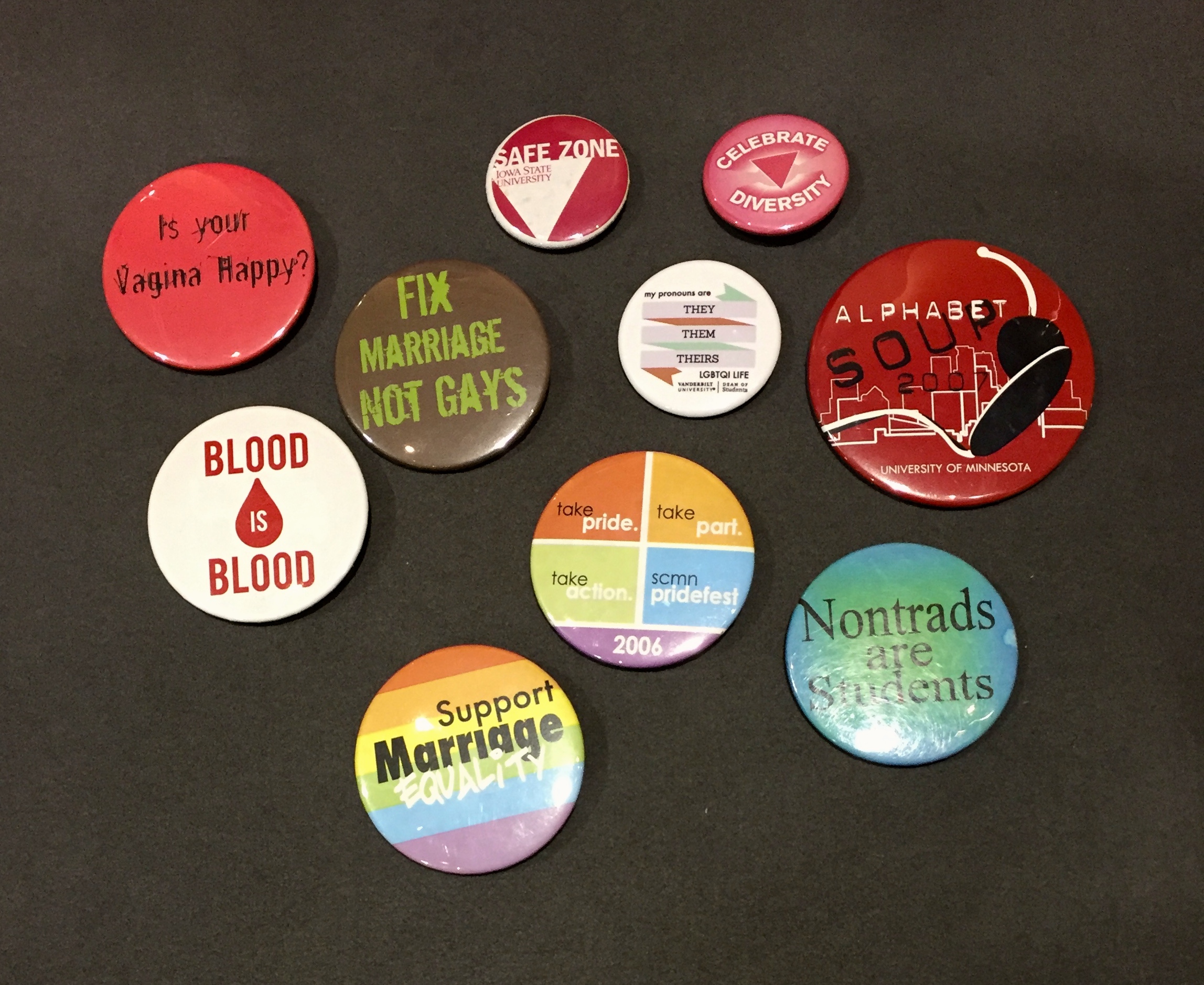 Assortment of buttons with the following slogans: "Fix Marriage Not Gays", "Is Your Vagina Happy?", "Blood is Blood", "Support Marriage Equality", "Take Pride. Take Part. Take Action. SCMN Pridefest 2006", "Safe Zone Iowa State University", "My Pronouns are They, Them, Theirs", "Celebrate Diversity", "Alphabet Soup 2007 University of Minnesota", and "Nontrads are Students".