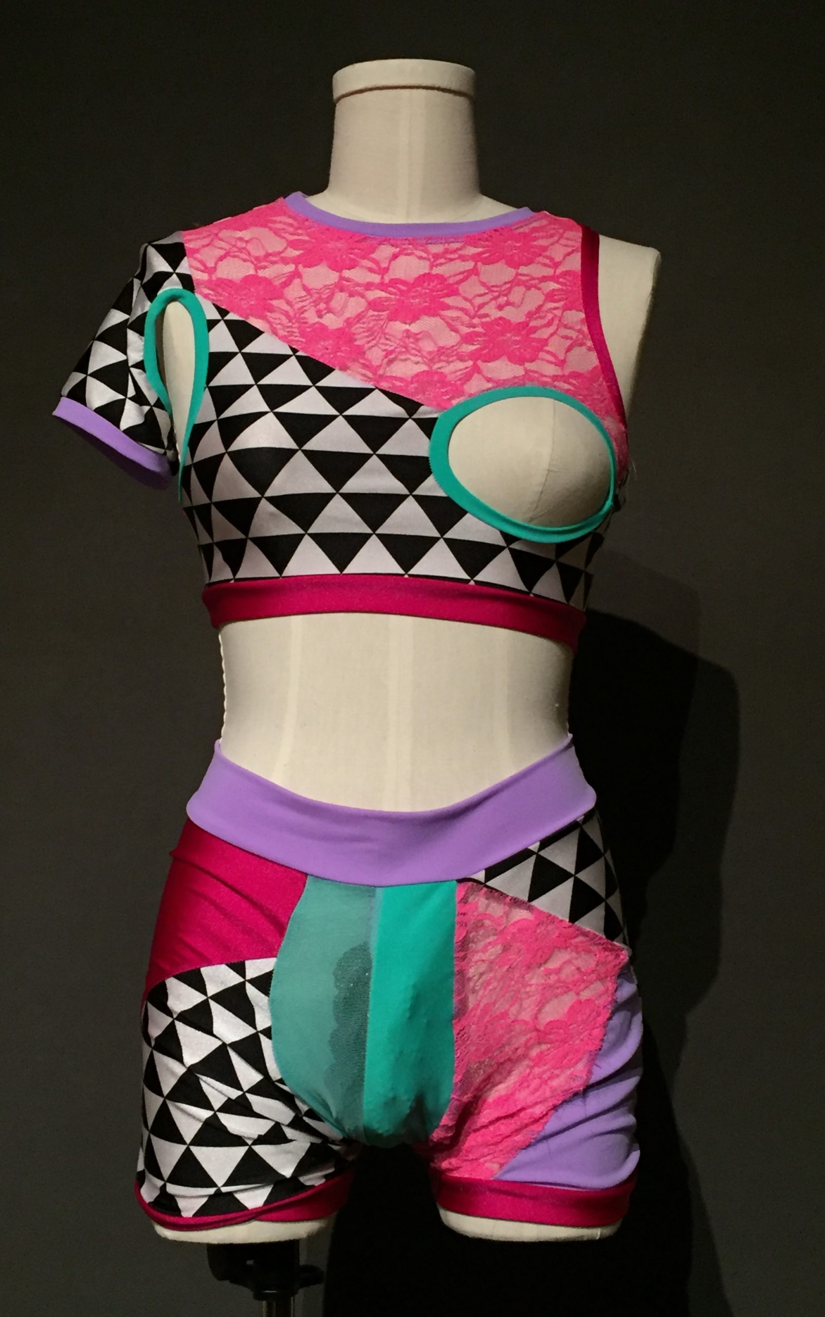 1980s-inspired multi colored lingerie top (featuring cutouts) and matching packing underwear