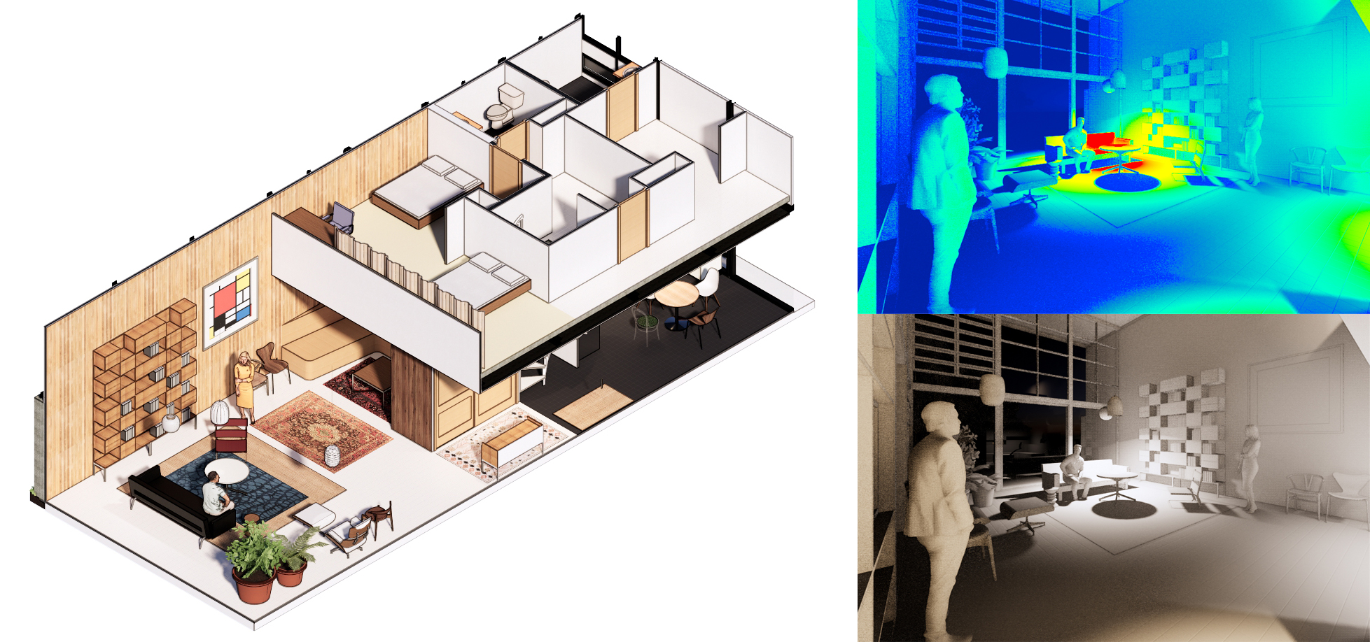 It shows the session highlight presenting the rendered isometric view, a white model, and a light analysis render. This is the expected result at the end of this lecture.