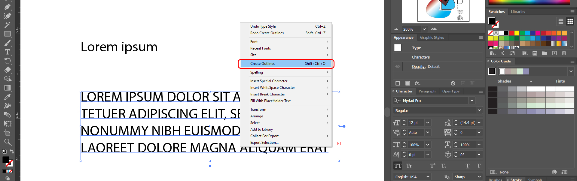 It indicates how to create text outlines.