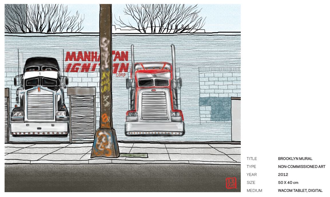 It is a digital illustration to show two trucks' graffities on the outside of a wall.