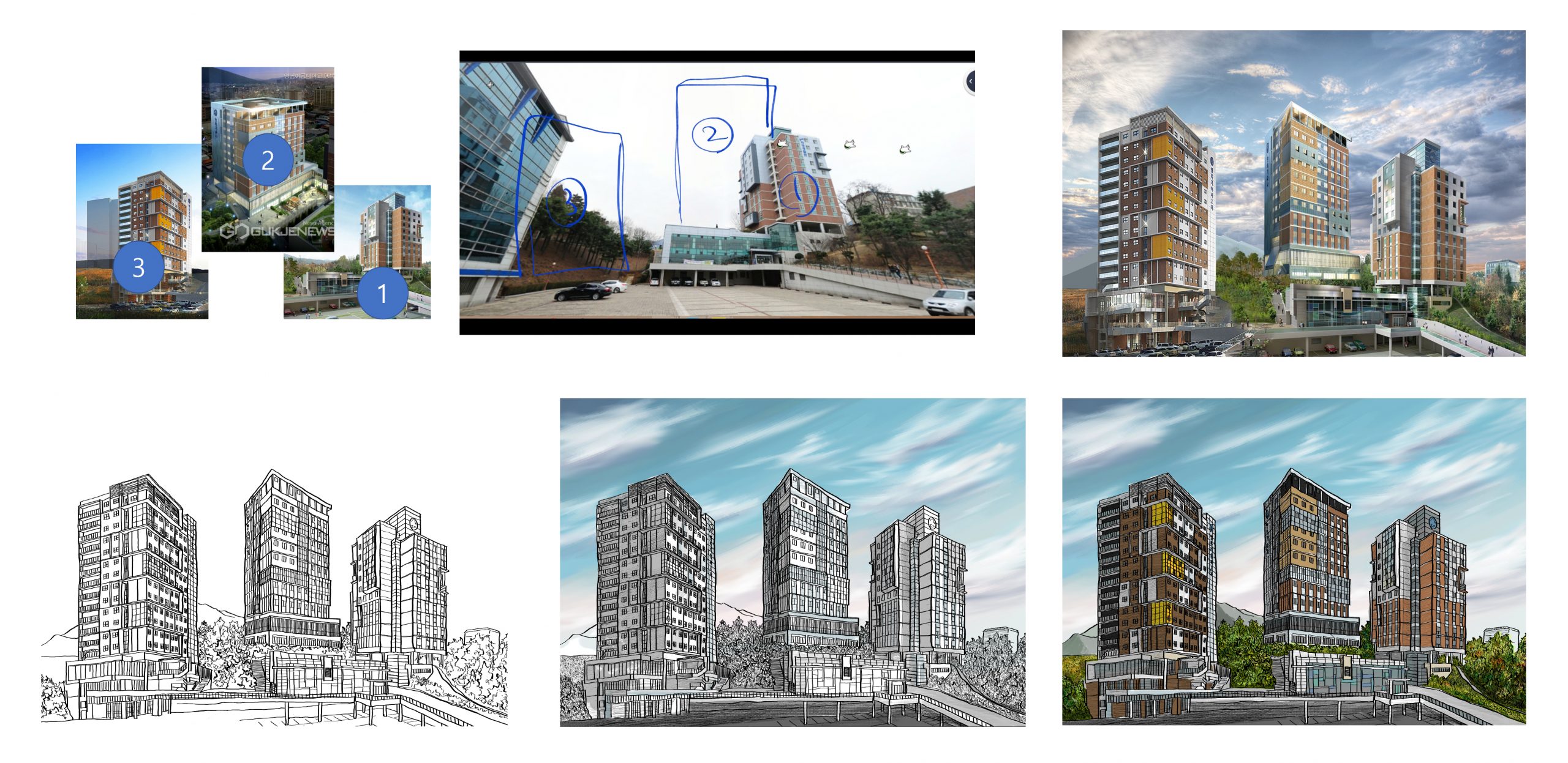 It shows the six sequential images to present the process of the color perspective view above.