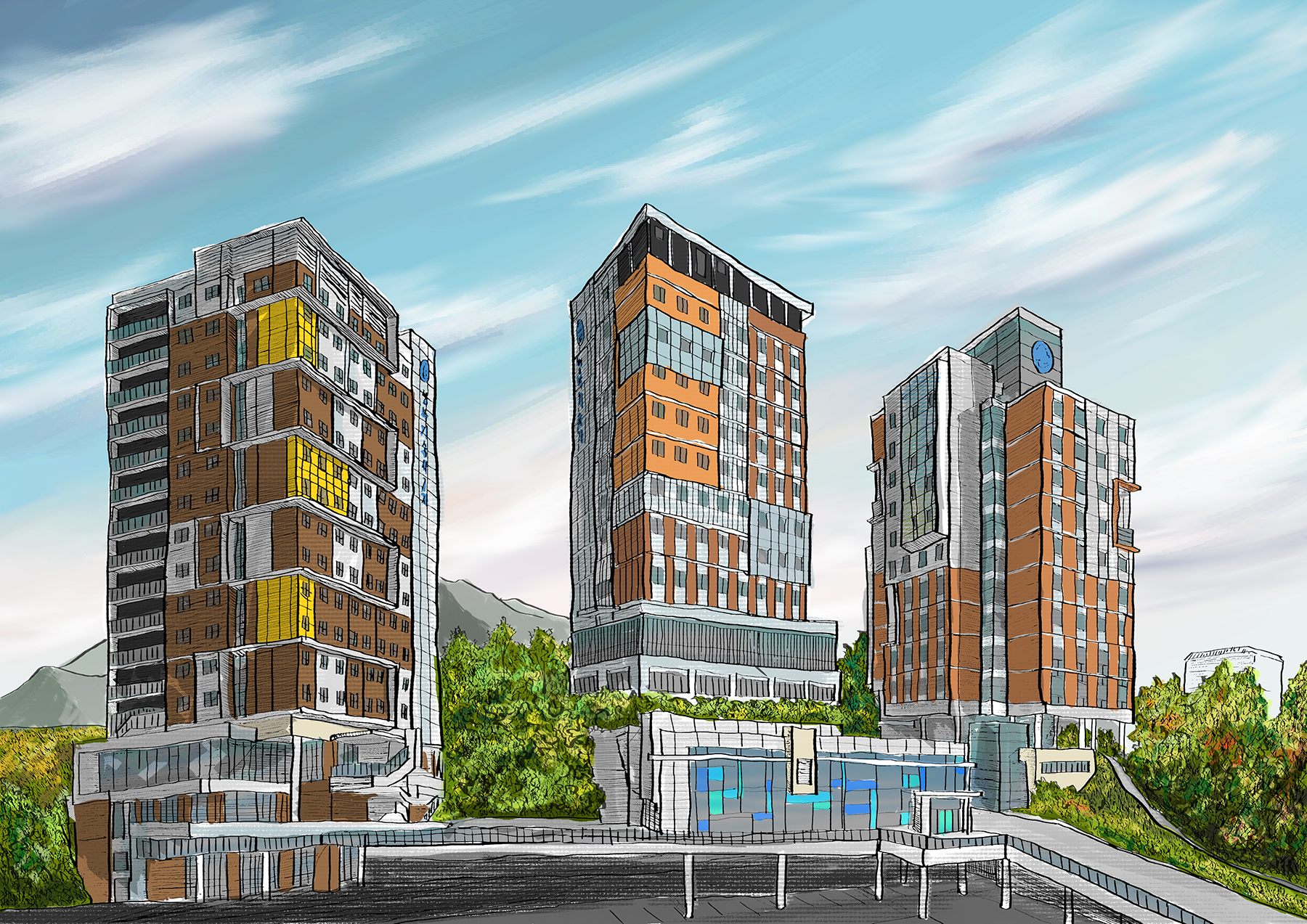 It shows a exterior perspective rendering that illustrates three buildings.