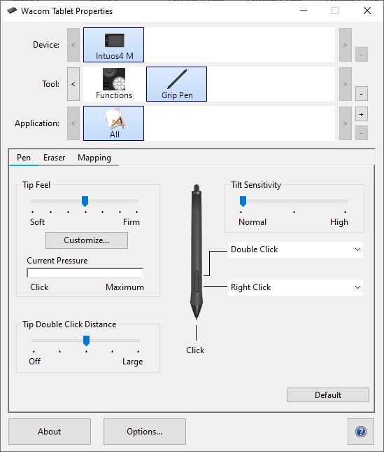 It shows the Wacom Tablet Properties panel to change the Pen settings.