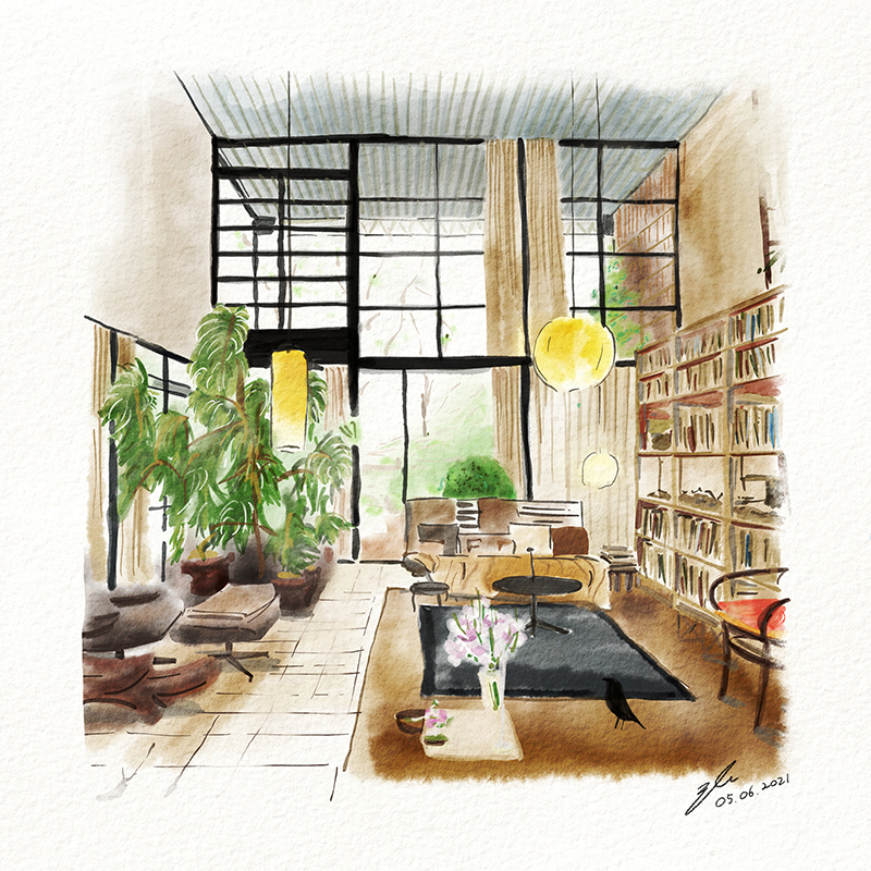 It is the final expected result after this lecture. The living room illustration of Eames House.