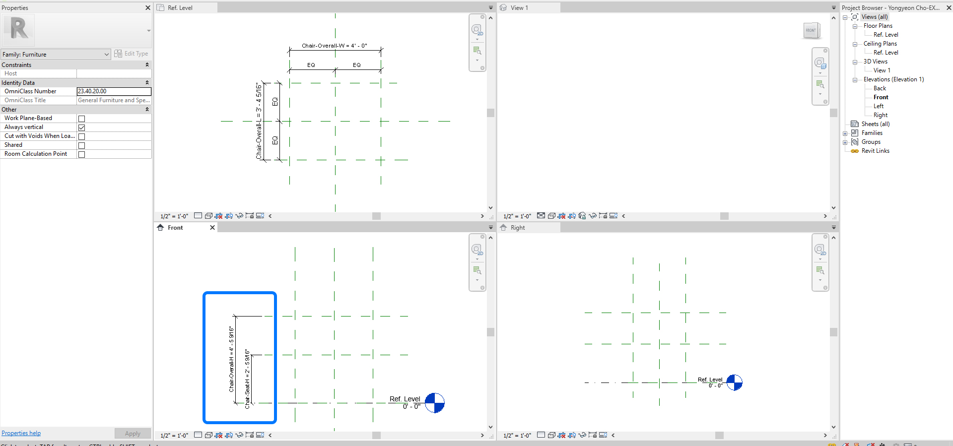 It indicates how to add reference planes, dimensions, and parameters on the front view.