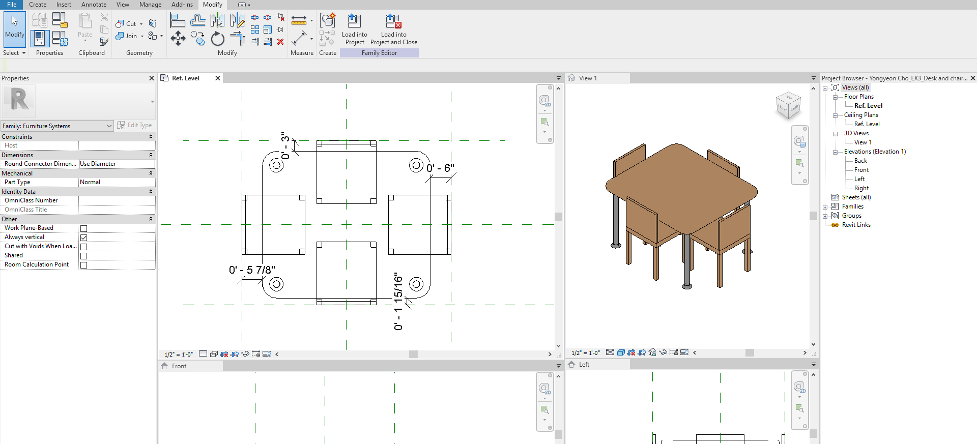 It indicates how to align the chairs and the table with reference planes, also set the dimension.