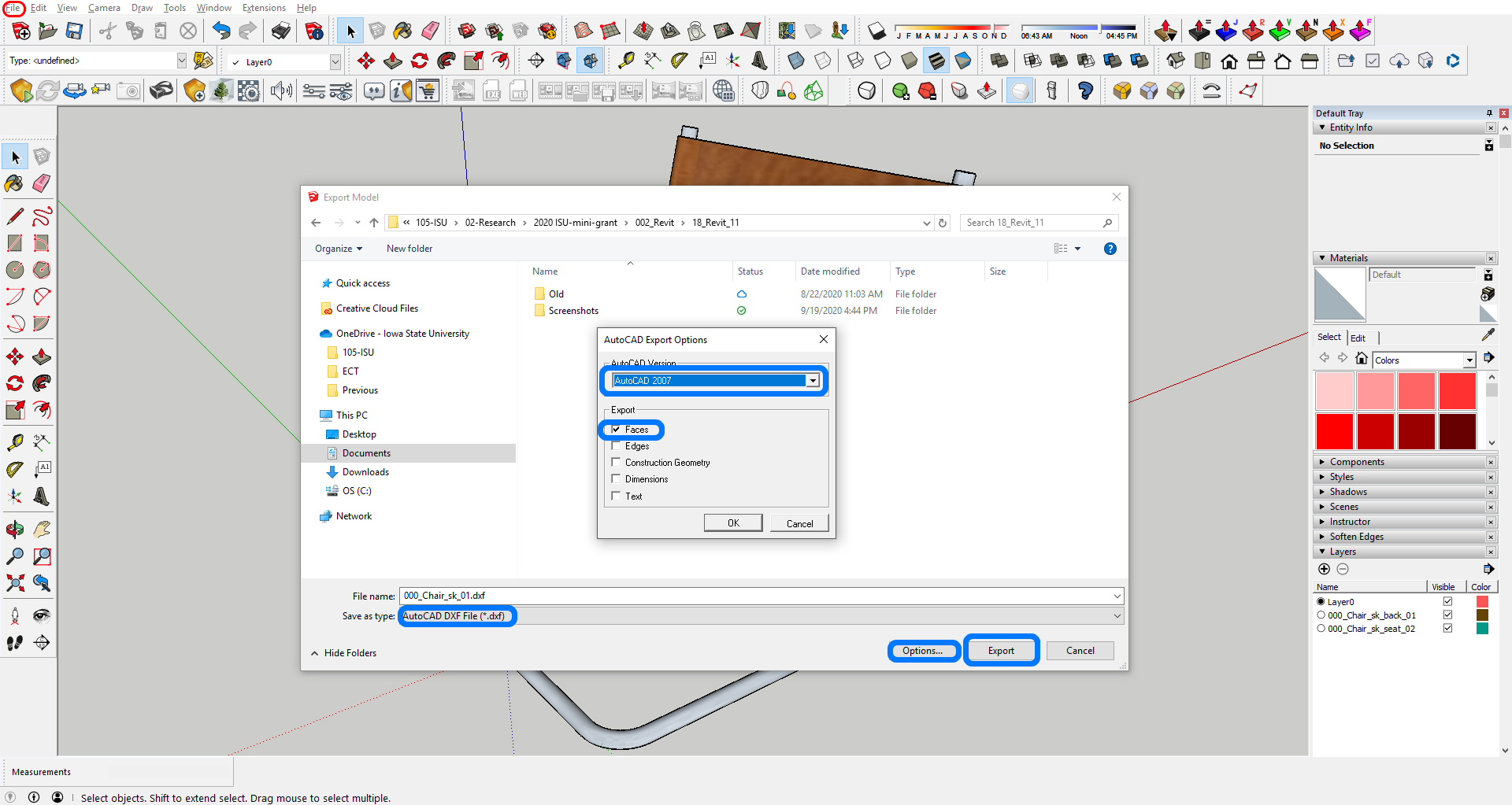 It indicates how to set dxf option to export the SketchUP model.