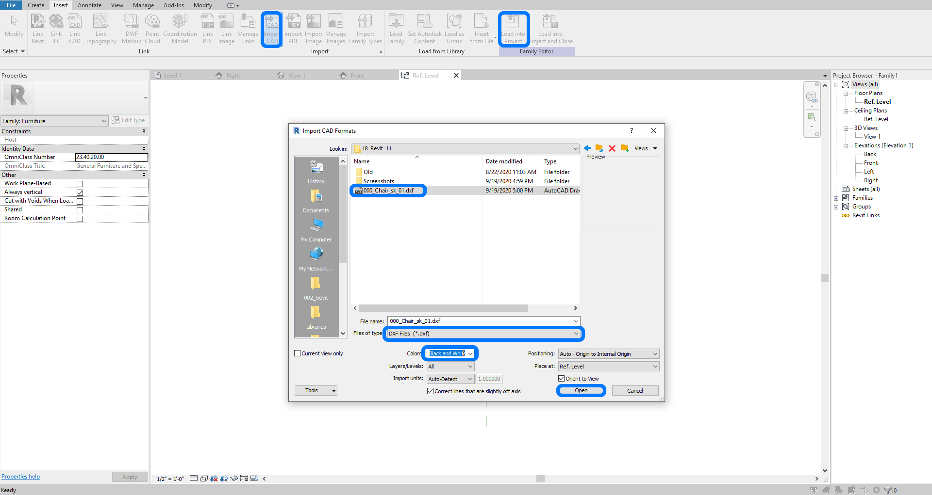 It indicates how to import the dxf file to Revit.