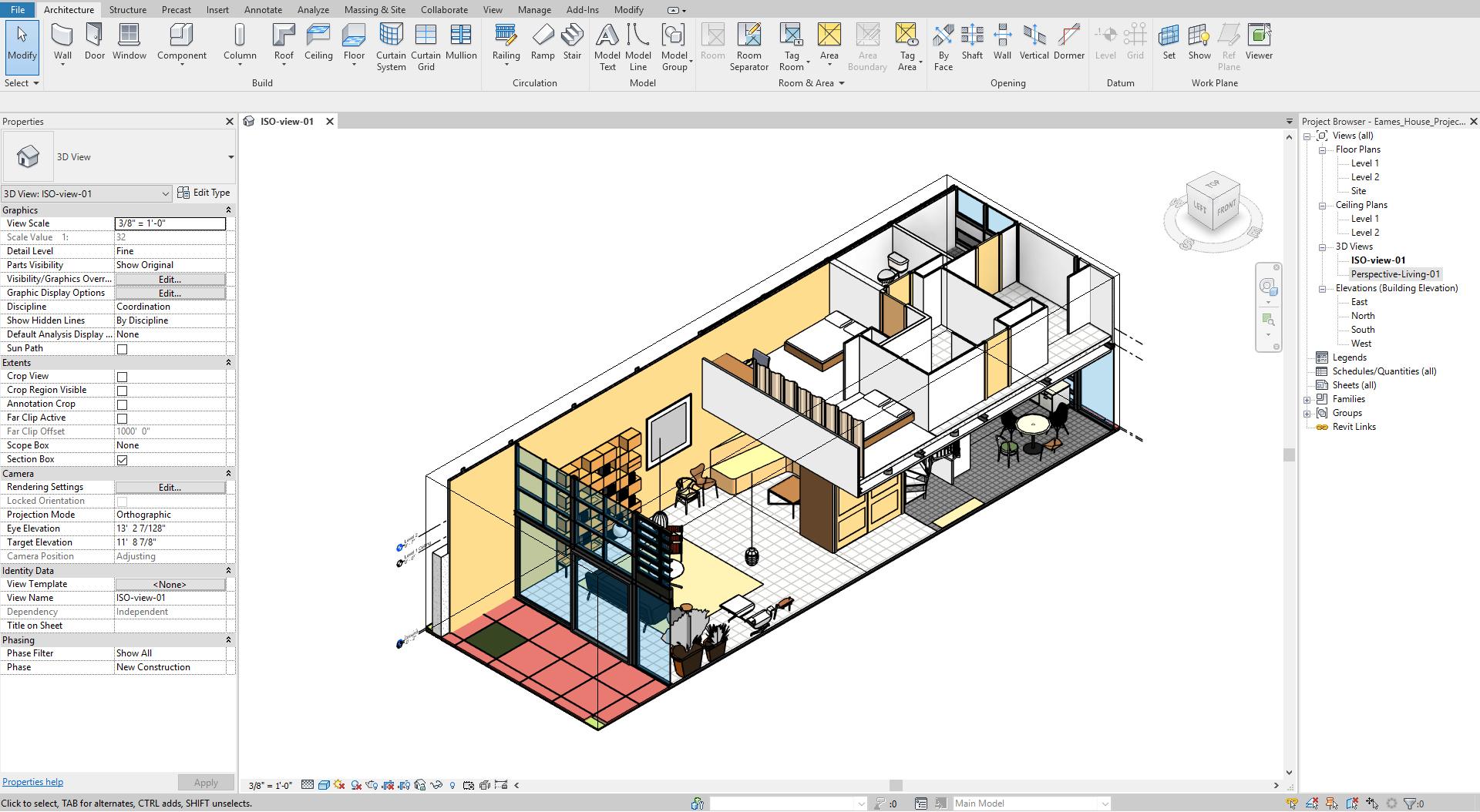 It shows an isometric view of Eames house living area in Revit.