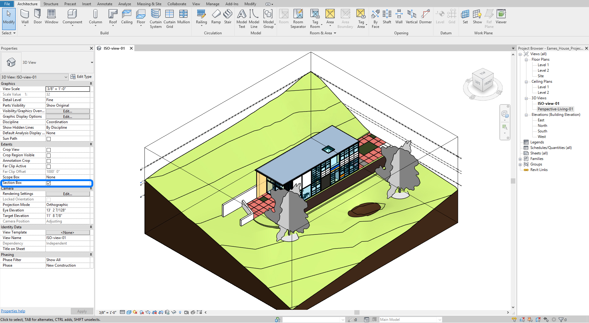 It indicates how to set the Revit model for exterior rendering. The section box tool is used for defining the boundary of the 3D model.