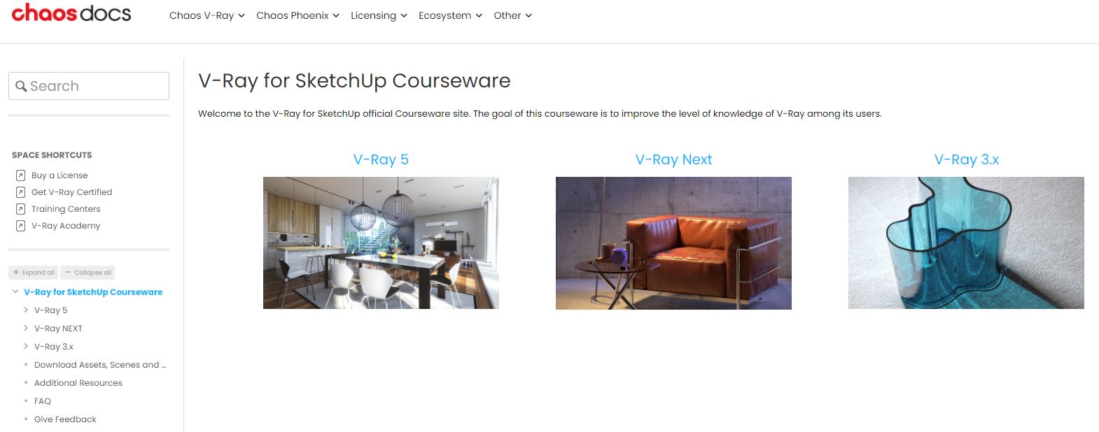 It shows various versions of V-Ray for SketchUp tutorials provided by Chaosdocs.