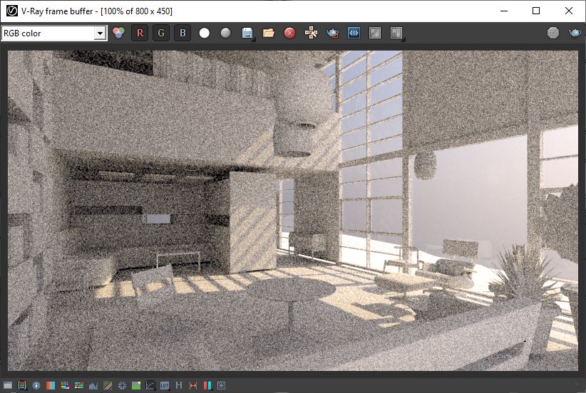 It shows the V-Ray frame buffer for the render outcomes and additional settings.
