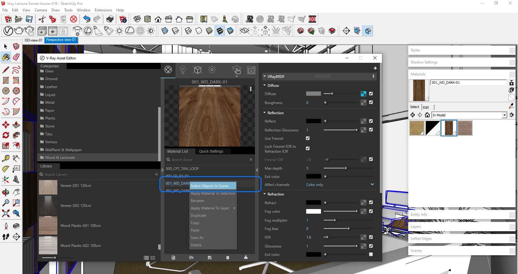 It indicates how to select SketchUp elements with a material using V-Ray asset editor.