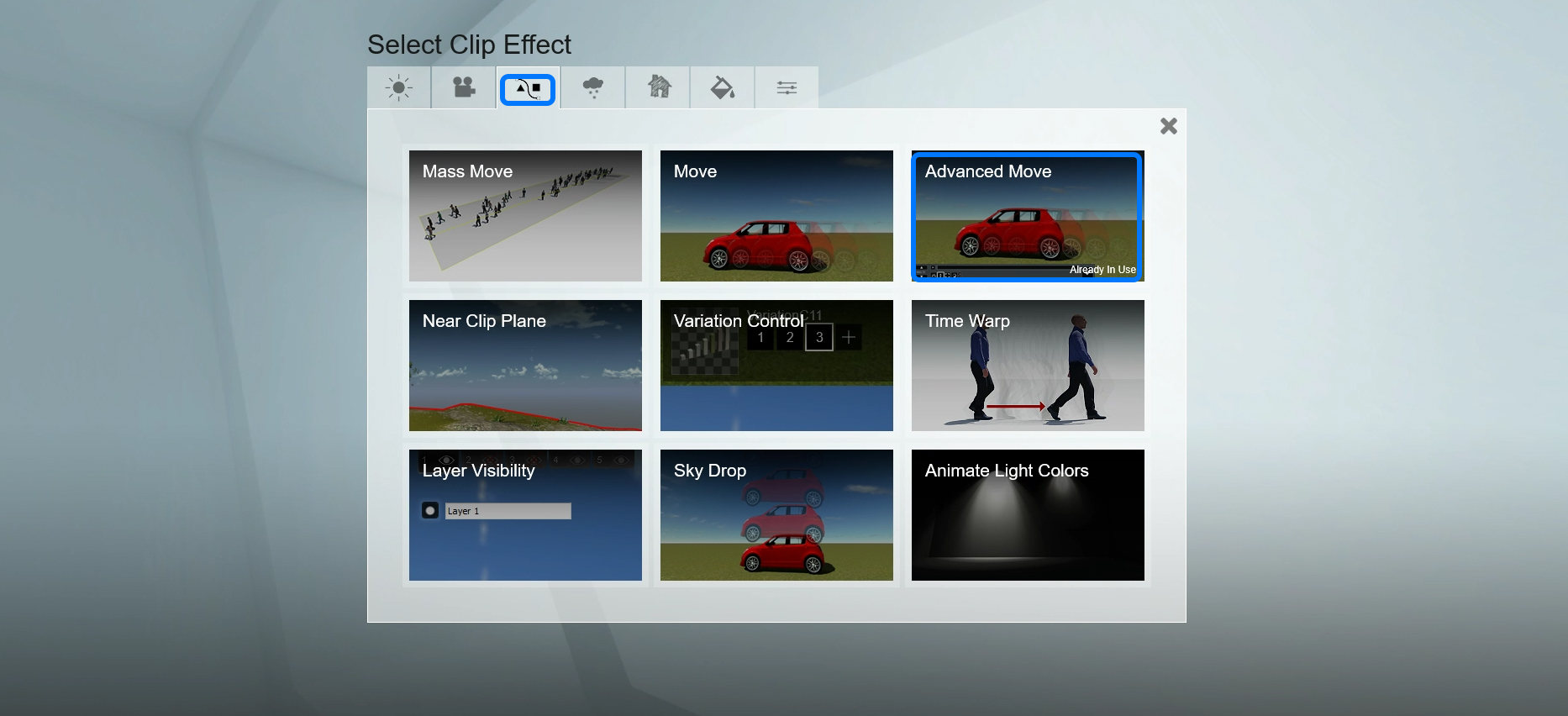 It demonstrates the various video clip effects.
