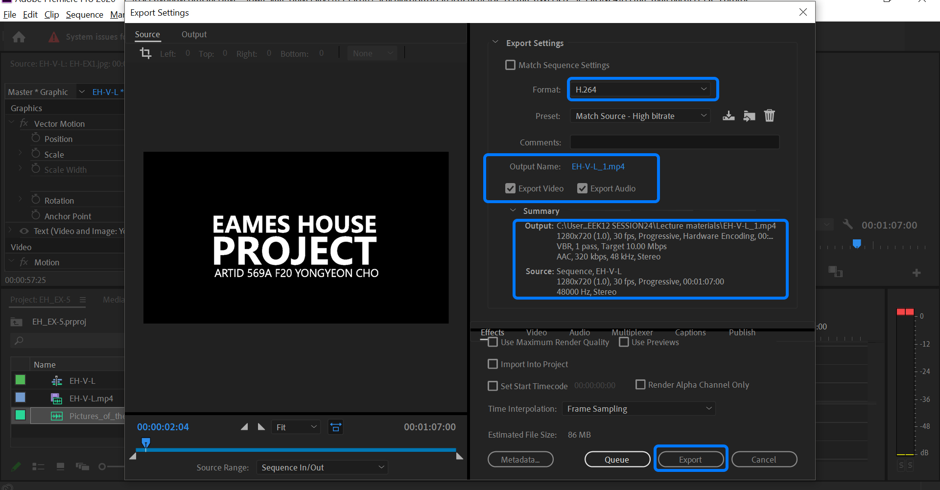 It indicates how to set for exporting the video.