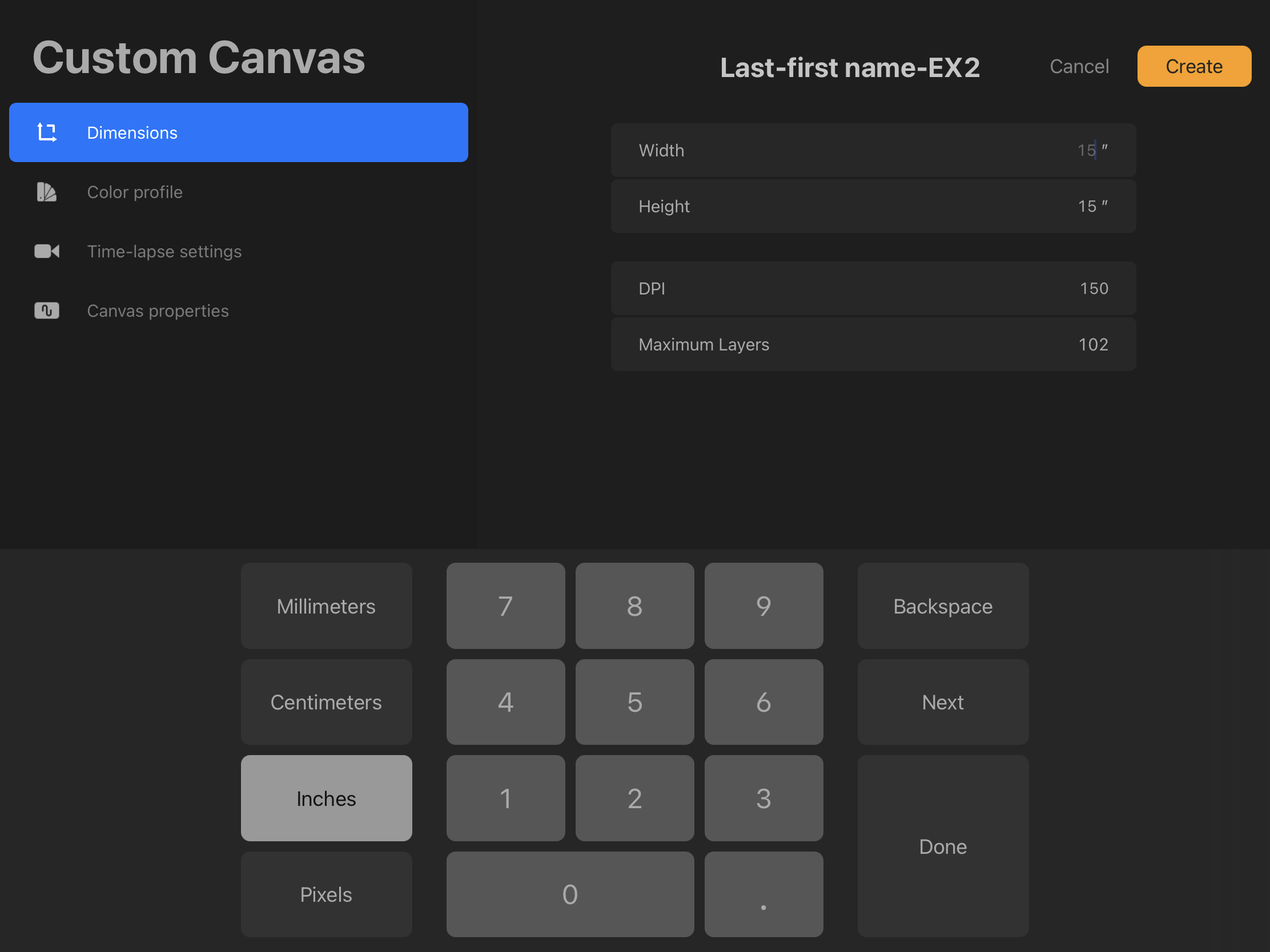 It shows the setting changes (dimensions) for a new canvas.