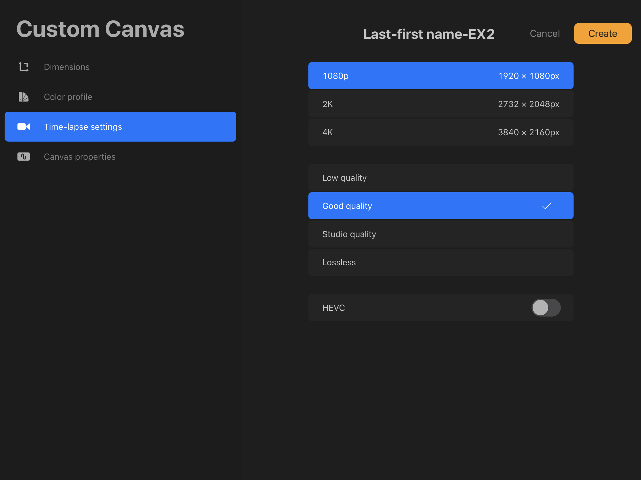 It shows the setting changes (time leaps) for a new canvas.