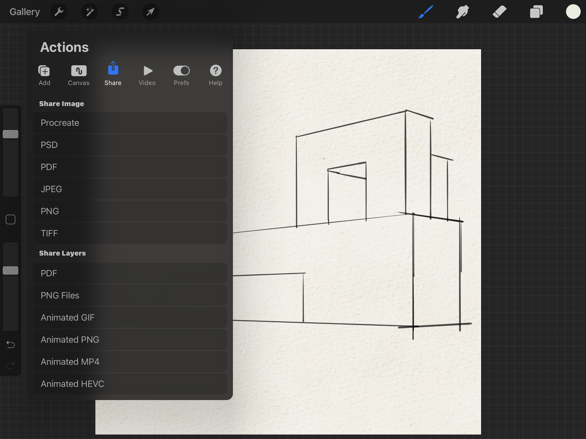 It shows the location of share tools and the file format options for exporting the canvas.