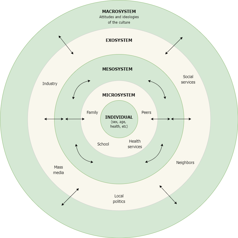 Brofenbrenner's ecological theory shown as concentric circles. The center circle is the individual (sex, age, health, etc.). Next, the Microsystem (family, peers, church, health services, and school). Next, the Mesosystem. Next, the Ecosystem (industry, social services, neighbors, local politics, and mass media). Finally, the Macrosystem (attitudes and ideologies of the culture).