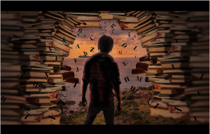 Illustration of a teen looking at letters floating around outside of books.