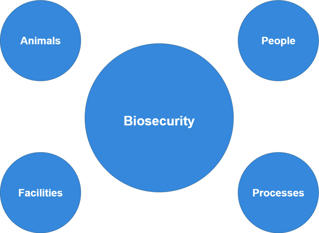 A graphic of five circles representing biosecurity, animals, people, facilities, and processes.