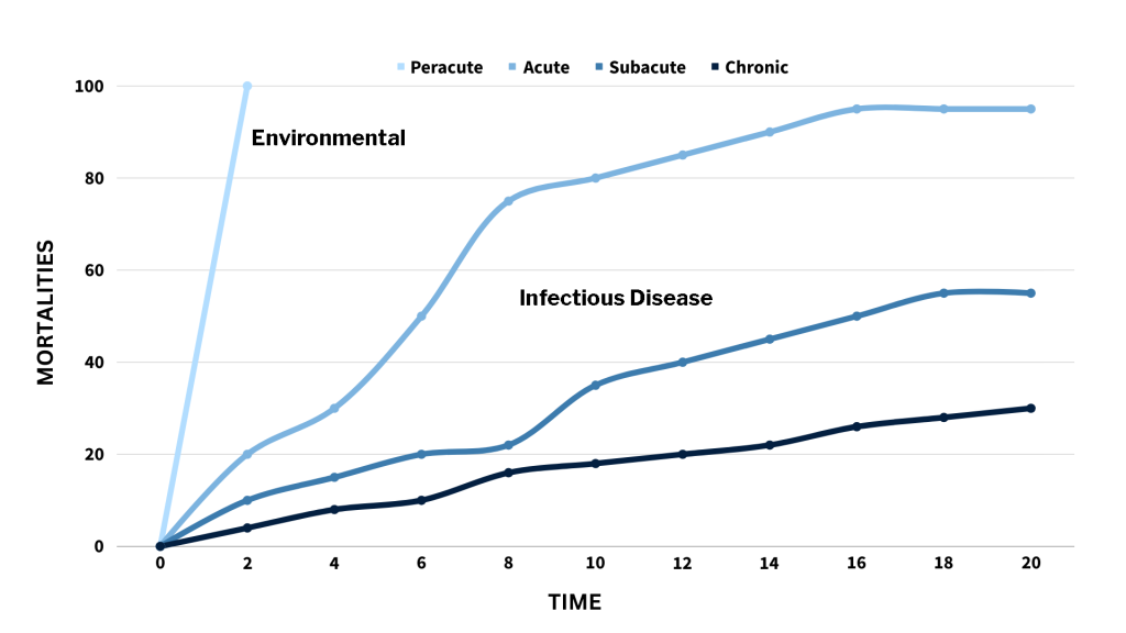 A line graph with four lines showing different types of disease curves.