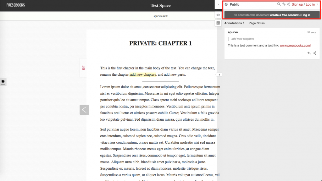 A Pressbook with a tab open on the right that displays annotations within the text. A sentence is highlighted on the page.